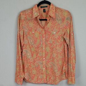 Lauren Ralph Lauren Coral Paisley  Womens Long Sleeve Button Down Shirt sz S